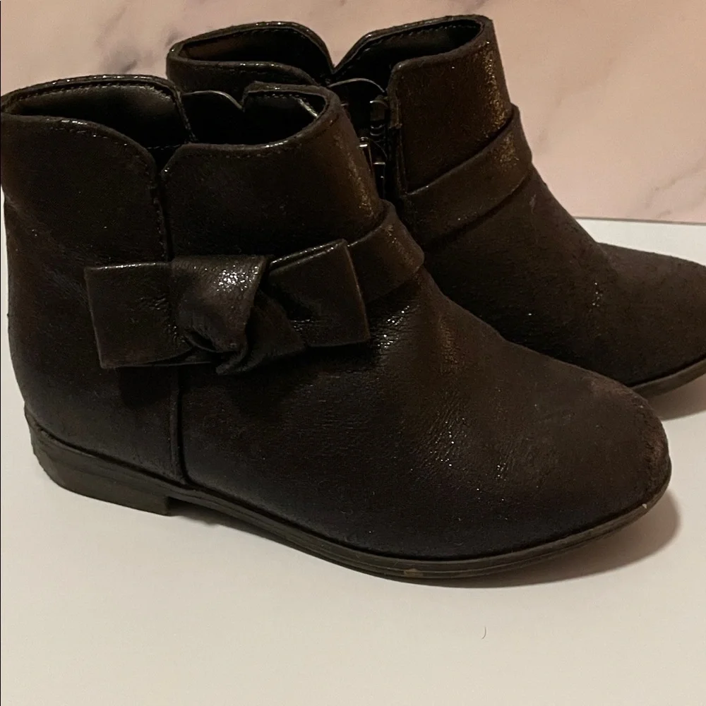 Cat & Jack Toddler Girl Size 9 Sparkle Black Bow Ankle Boots Side Zip